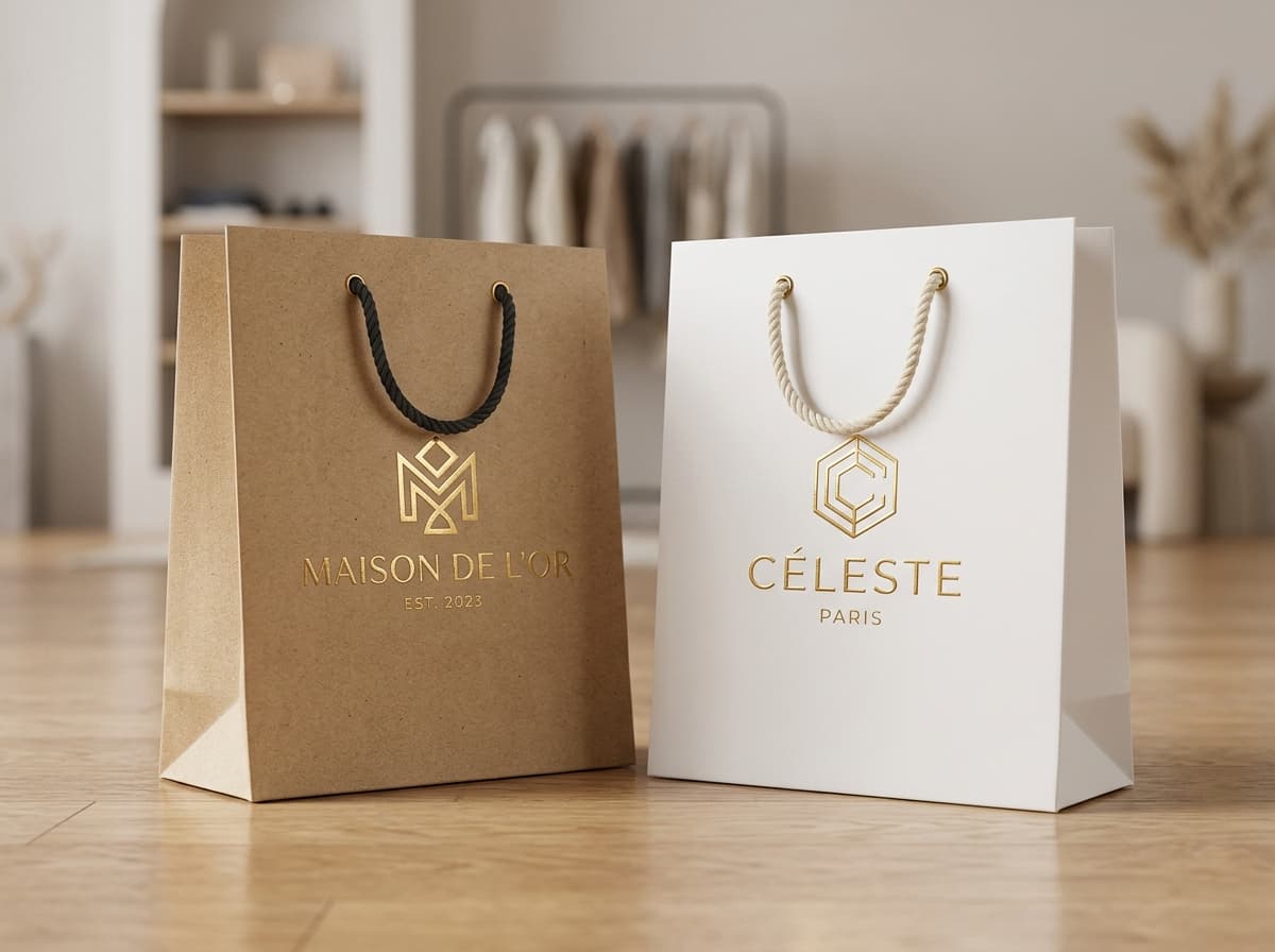 Luxury branded paper shopping bags with cotton rope handles
