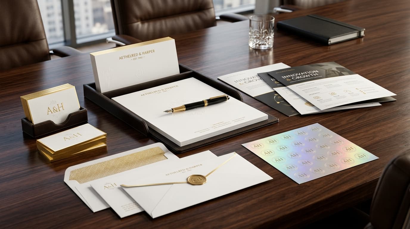 Corporate premium powerhouse suite featuring 5,000 velvet cards, letterheads, envelopes, and brochures