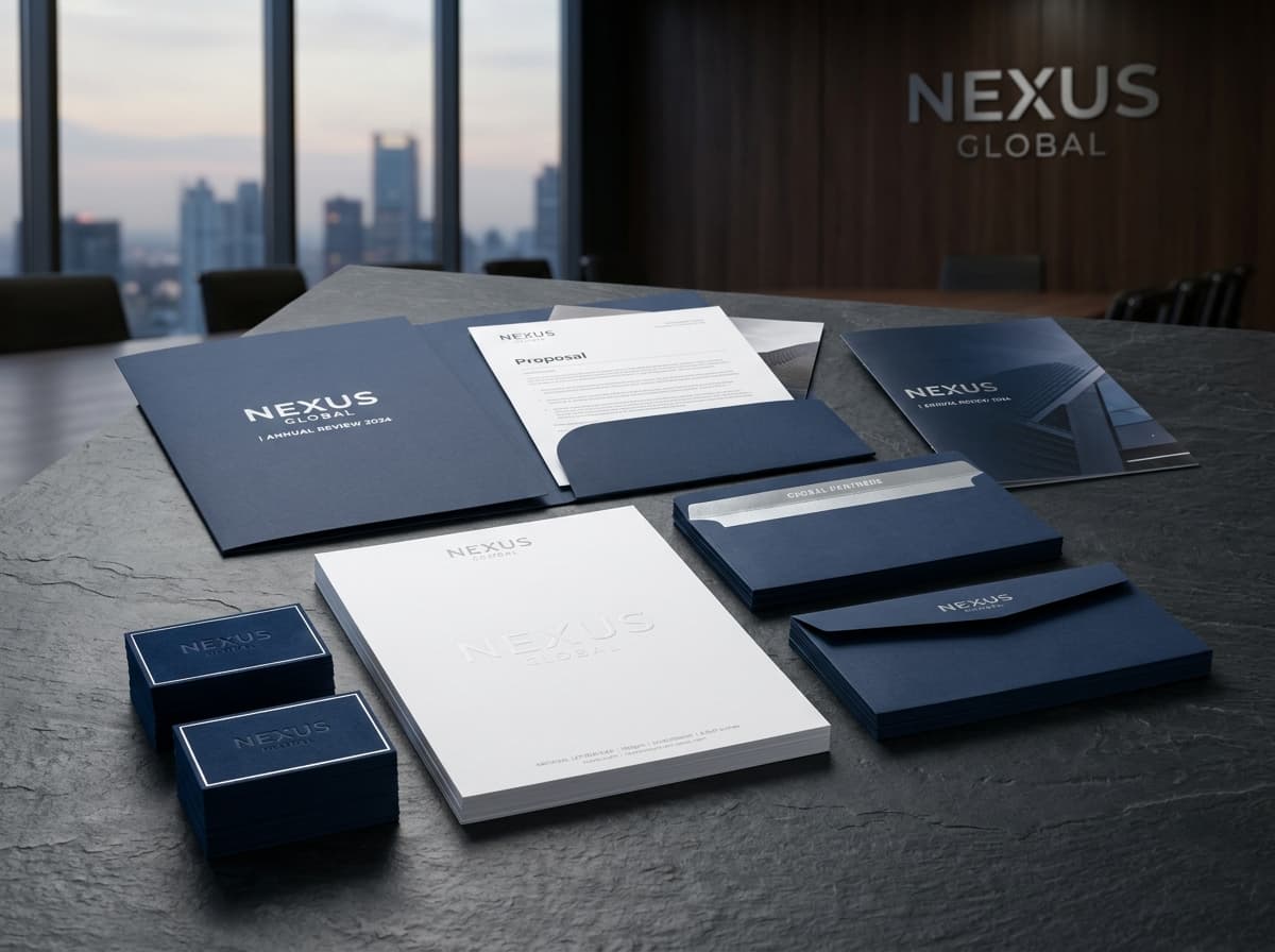 Corporate standard stationery kit with cards, letterheads, envelopes, and presentation folders