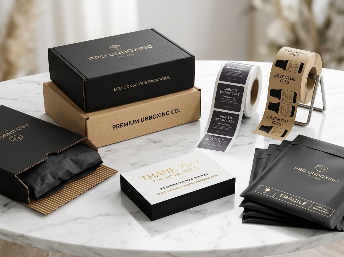 E-commerce Pro packaging bundle with custom mailer boxes, rolls of labels, and inserts